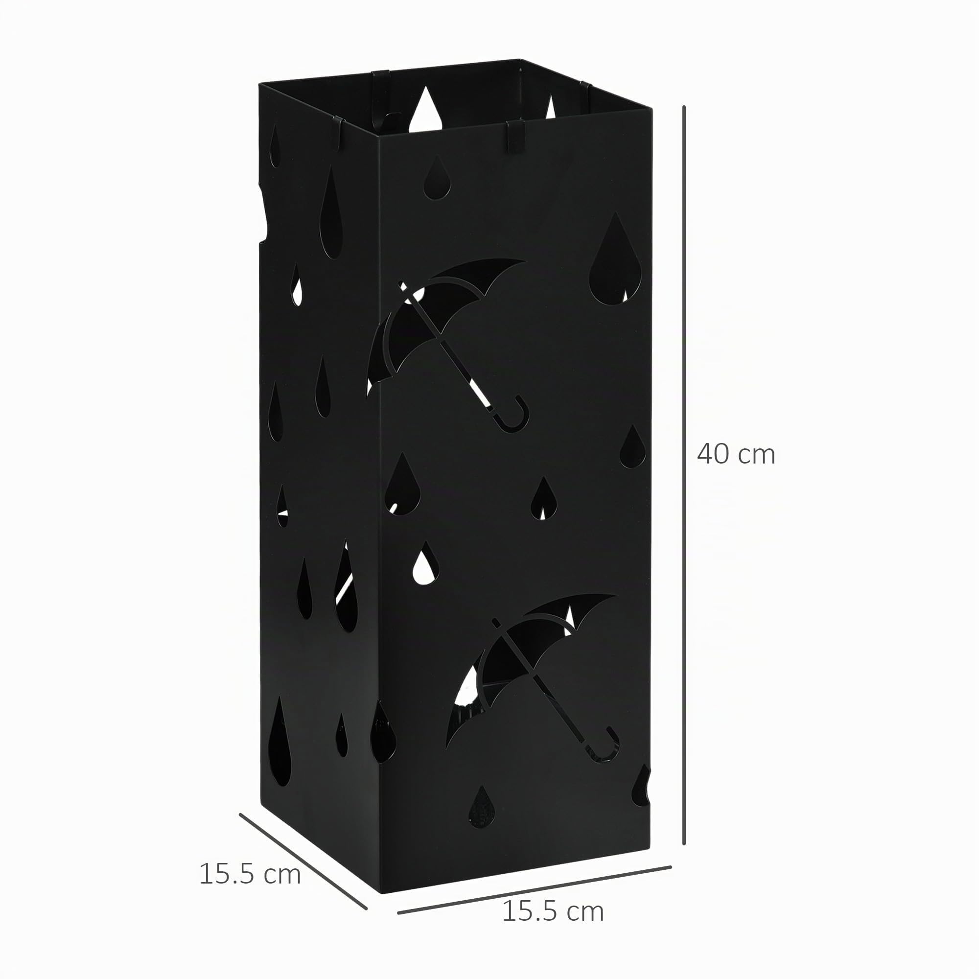 HOMCOM Portaombrelli in Metallo con 4 Ganci, Porta Ombrelli di Design con Vaschetta Scolapioggia e Decorazioni, 15.5x15.5x41cm, Nero