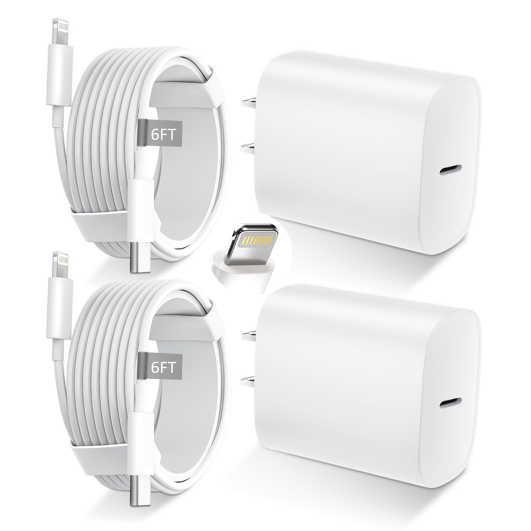 Overhead view of the DiHines 20W USB C Fast Charger block and 6FT Lightning cable, coiled neatly on a dark surface.