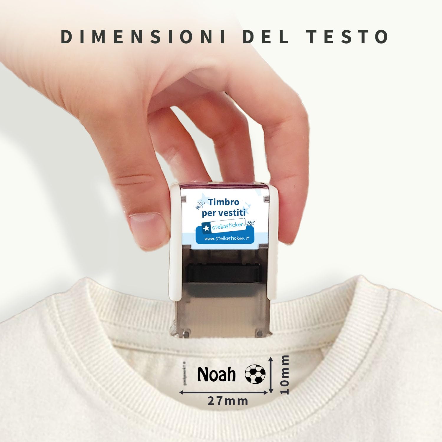 Stellasticker - Timbro tessile personalizzato con 2 righe – timbro nome per vestiti bambini – inchiostro resistente ai lavaggi – ideale per scuola, asilo e abbigliamento – fino a 900 utilizzi
