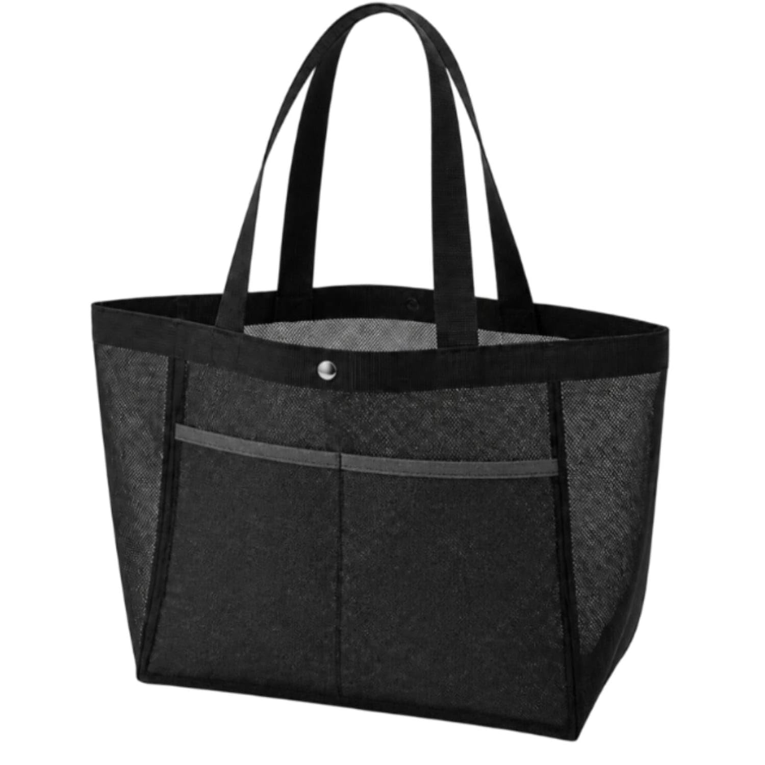 Large Mesh Tote Bag Wide-Bottom Mesh Bag with Pocket Lightweight Translucent for Shopping, Swimming, Gym, Black, Snap Button-picture-46