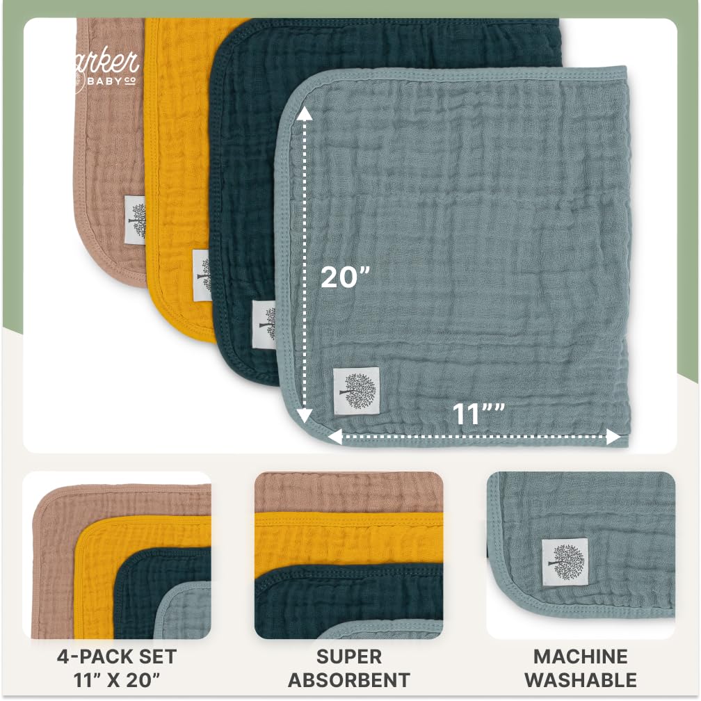 Parker Baby Muslin Cotton Burp Cloths - 4 Pack Large Cotton Burping Clothes for Boys, Girls, Unisex - Dune Set