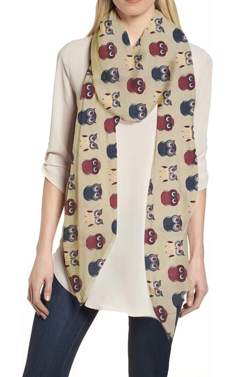 Lina & Lily Women's Beige Owl Print Scarf Shawl Wrap Lightweight (Beige)