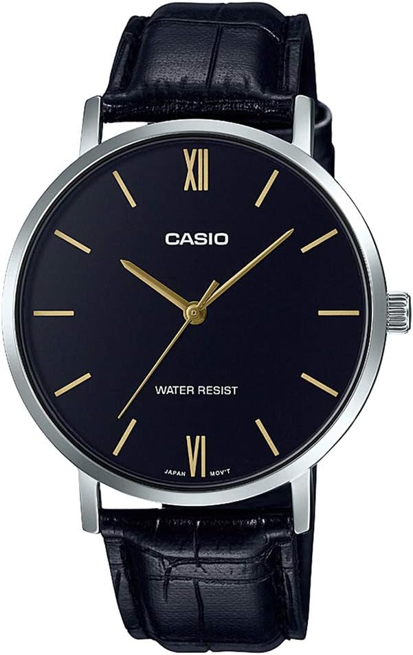 MTP-VT01L-1B Men's Minimalistic Black Dial Black Leather Band Analog Watch