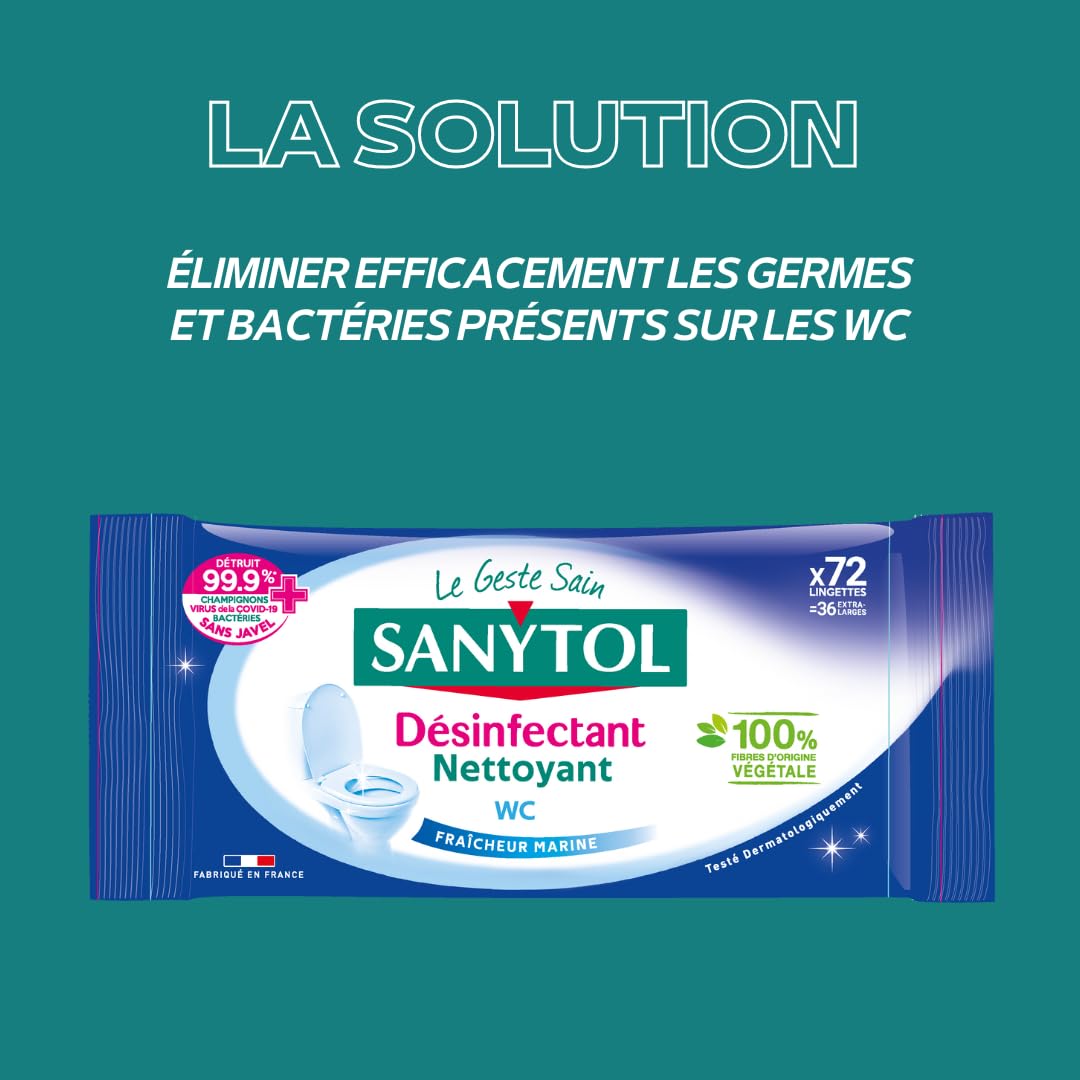 Sanytol Lingettes Désinfectantes WC Lot de 3 x 72 Bactéricide Virucide Fongicide Sans Javel Fabrication Française
