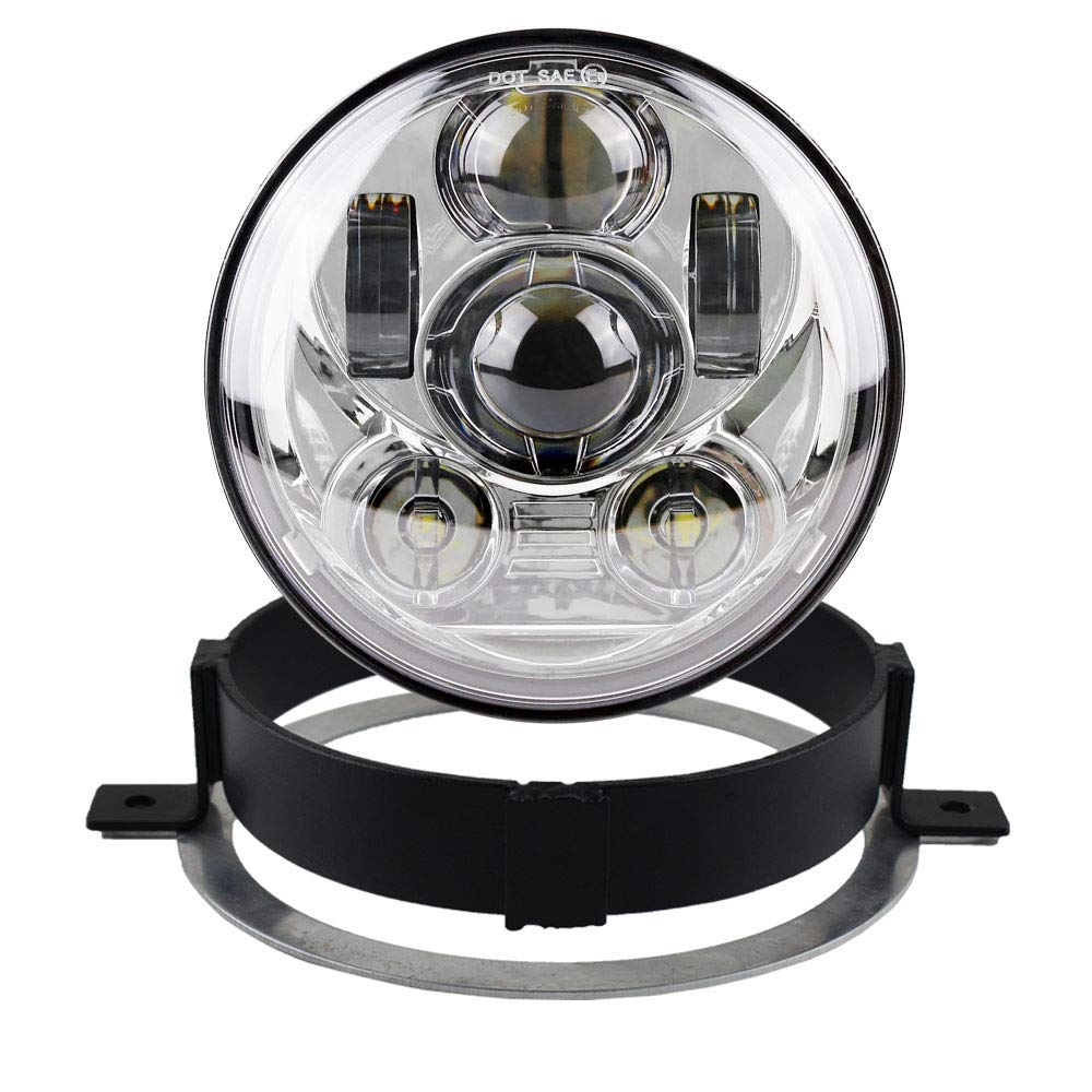 5.75 inch Round LED Motorcycle Headlight Kit with Bracket and Hardware - Plug and Play Fit for 2002-2008 VTX 1800, VTX 1300 (Silver)