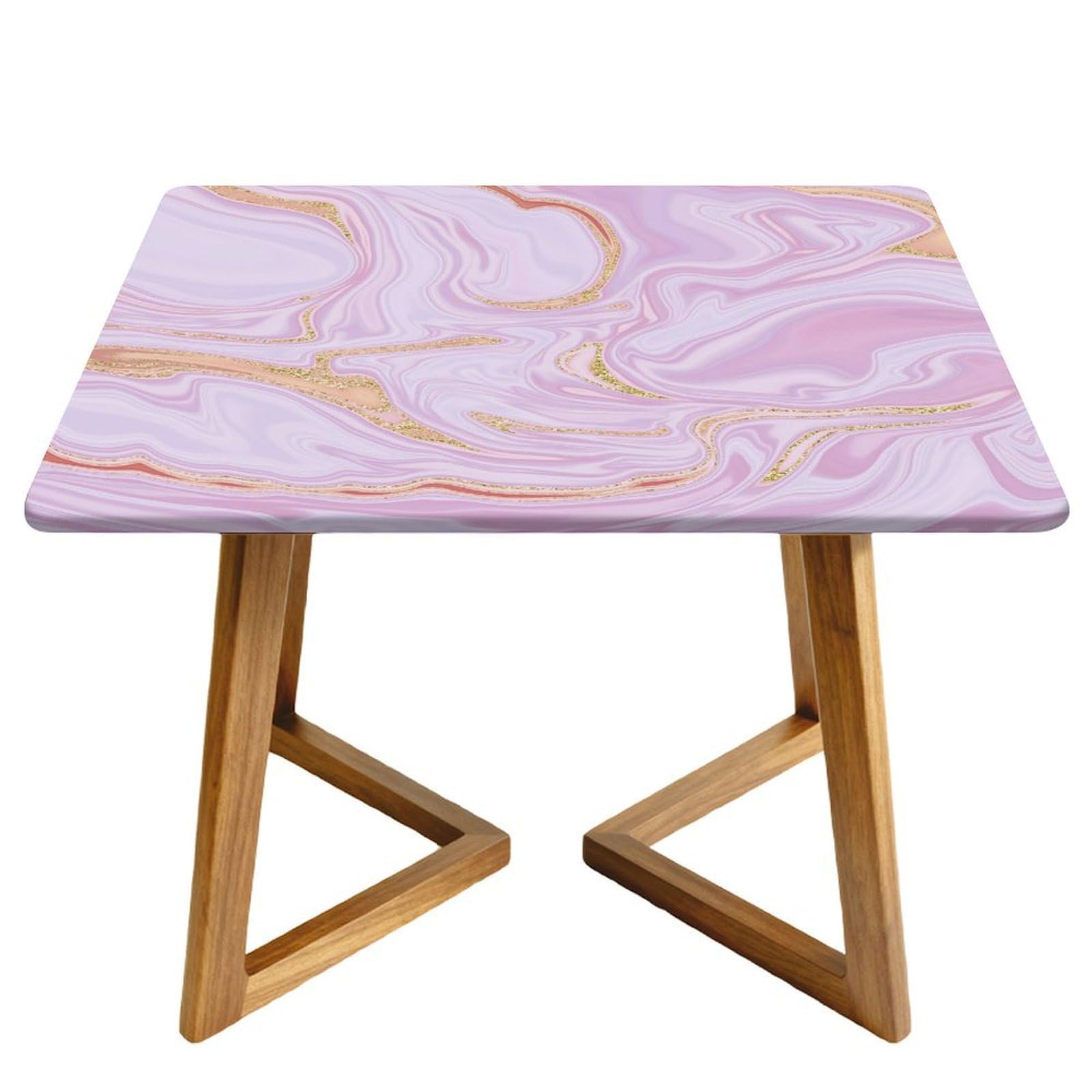 Morbuy Waterproof Oxford Cloth Tablecloth Cover, Elastic Square Fitted Tables for Kitchen/Garden, 3D Marble Print Stain-Resistant Table Cover (Pink Gold,130x130cm)