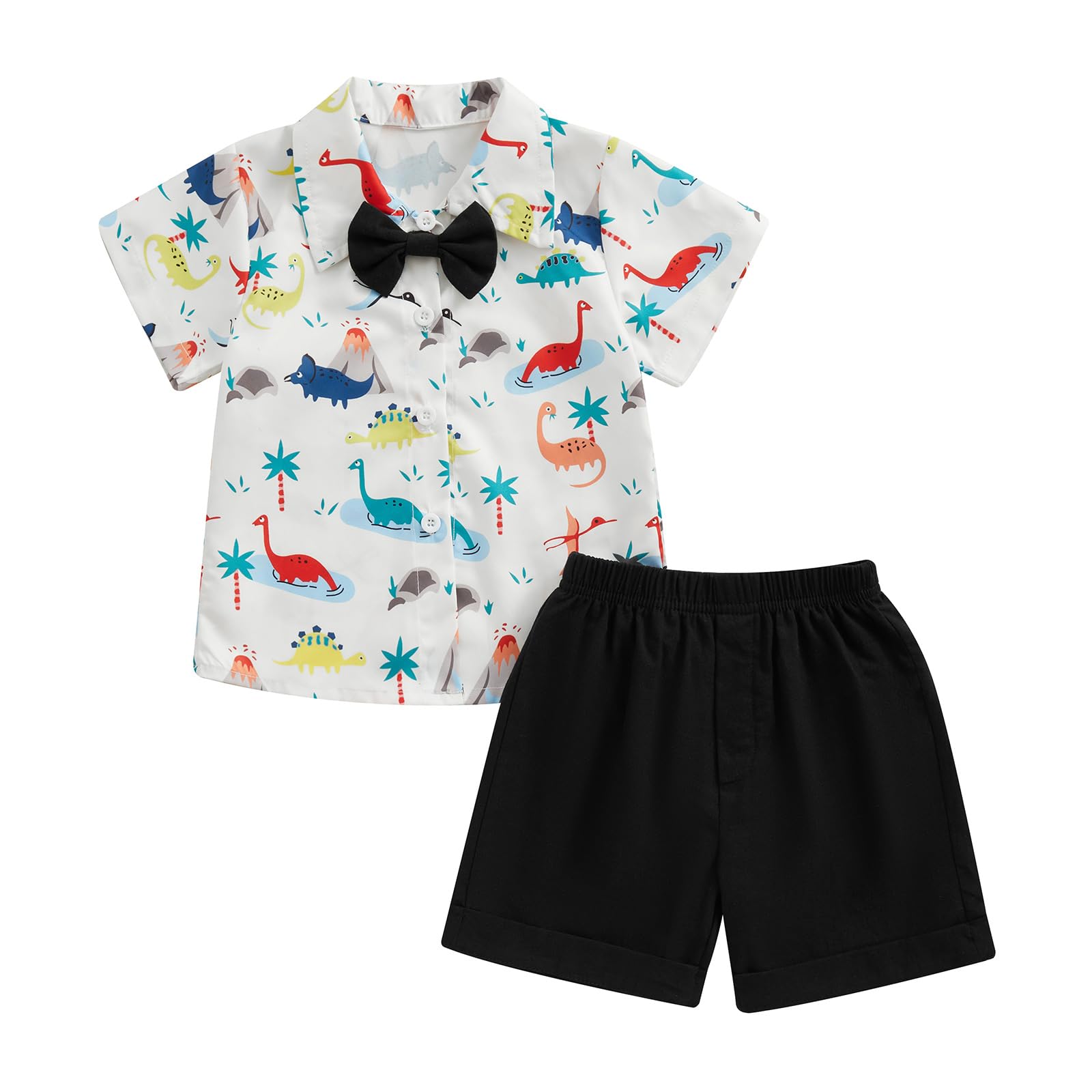 Thorn Tree Toddler Baby Boys Clothes Bow Tie Dinosaur Button Down Shirt Top Solid Shorts Summer Outfits (Black Shorts Set,18-24 Months)
