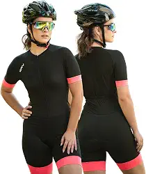 Macaquinho de Ciclismo Feminino Slim D100 Preto Com Rosa Manga Curta