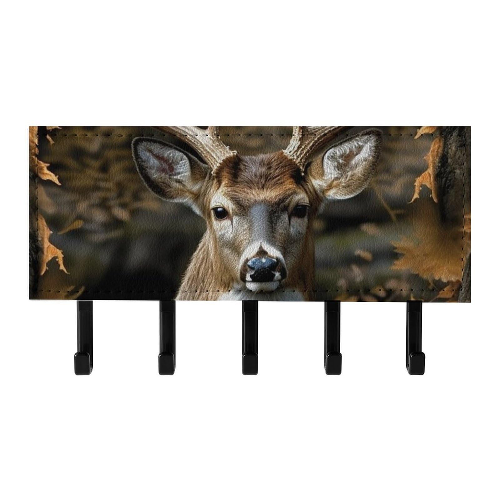 Fekiloot Black Camouflage Deer Key Holder For Wall Adhesive, No Drilling, Key Hooks With 5 Hooks Wall Mounted, Self Adhesive Keys Rack For Entryway, Hallway, Living Room, Kitchen, Office