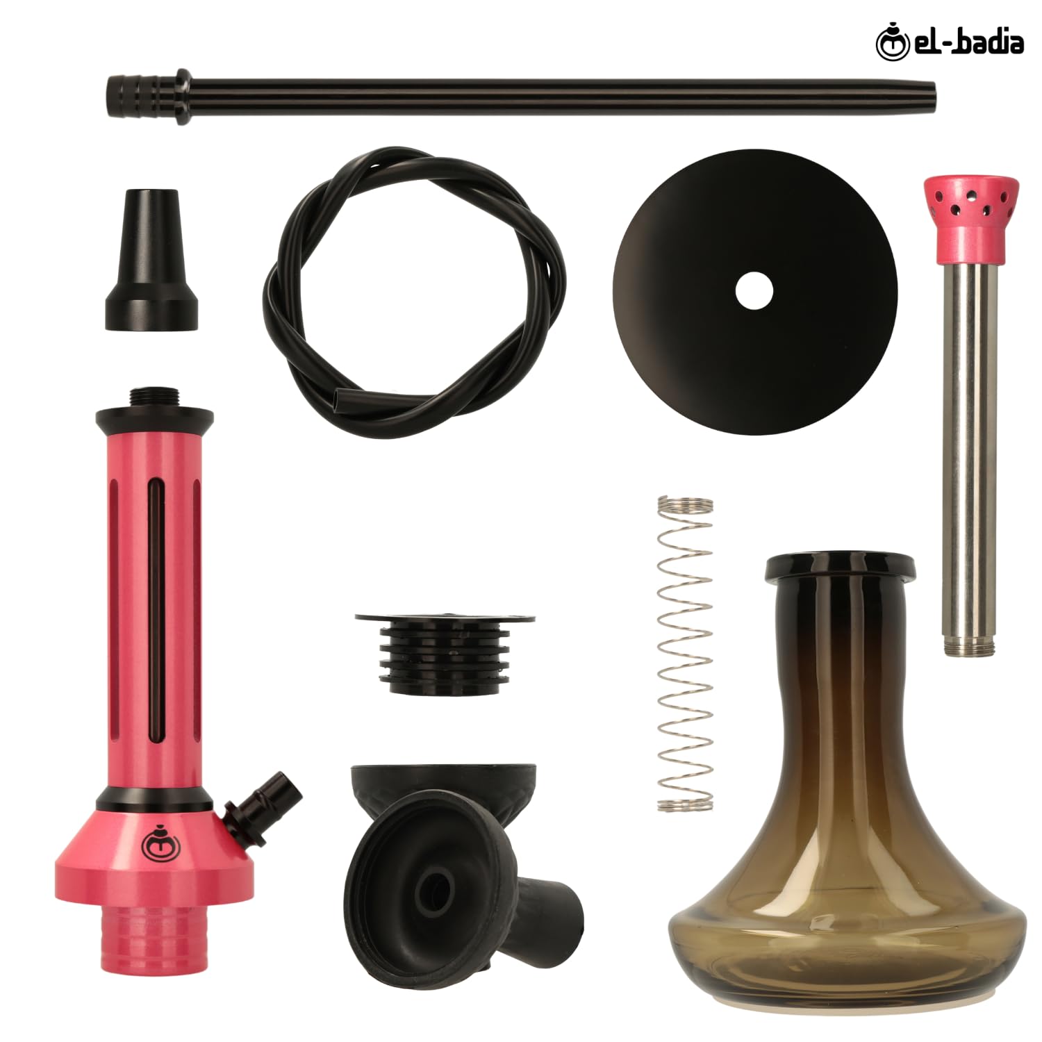 EL-BADIA® Fusion Cachimba – 46 cm – Gran Cachimba Moderna de Aluminio con Base de Vidrio, Difusor Extraíble, Purga 360°, Manguera y Cazoleta de Silicona – Shisha Premium – Set Completo (Pink)