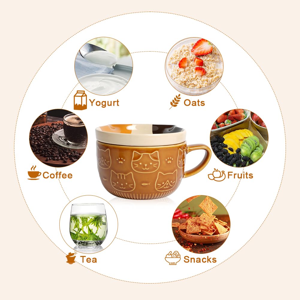 HOTUT Tazza Gatto Caffe Set Ceramica Kawaii, Set di Tazze da Caffè con Coperchi, Tazza da Tè in Ceramica Cartoon, Divertente Gatto Tazze per le Donne, Amici, Bambini, Regalo di Natale, Compleanno