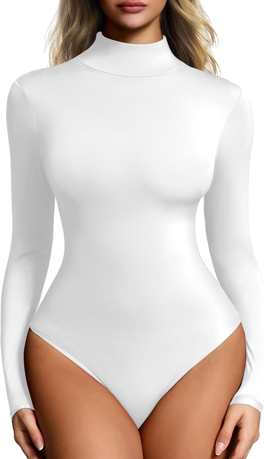 Mobeso Women’s Mock Turtleneck Bodysuit Long Sleeve, Double lined Body suit Top Suitable for Going out