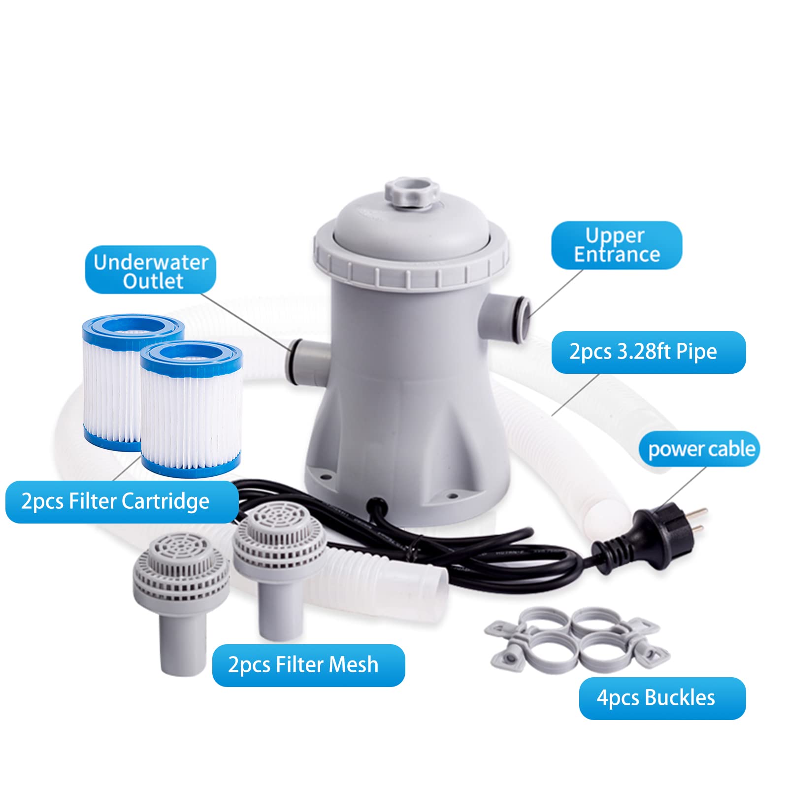Kavolet Pompe de Filtration de Piscine, avec 2 Cartouches de Filtre de Piscine, 330 GPH Pompe à Eau électrique pour pataugeoire, Pompes de Piscine Hors Sol, Petite Pompe de Filtration de Piscine