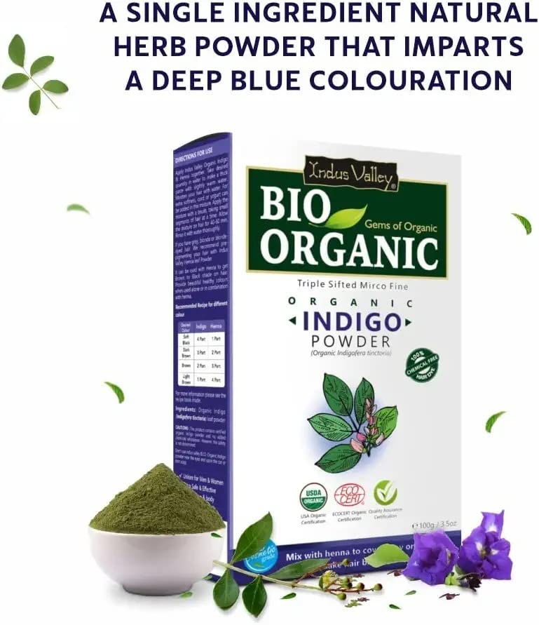 Bio Organic Indigo Powder, 100% Certified Organic, Triple-sifted & microfine Powder, Cruelty-Free & Vegan, Indigofera Tinctoria Powder for Natural Hair Coloring, Arrests Early Greying & - 100g