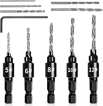 Woodworking Set Countersink Drill Bit 5 Pieces 1/4 Inch Twist Drill Bit with Countersink with One This Set Comes with 5 Pieces Replacement Drills with Wrench for Woodworking Project