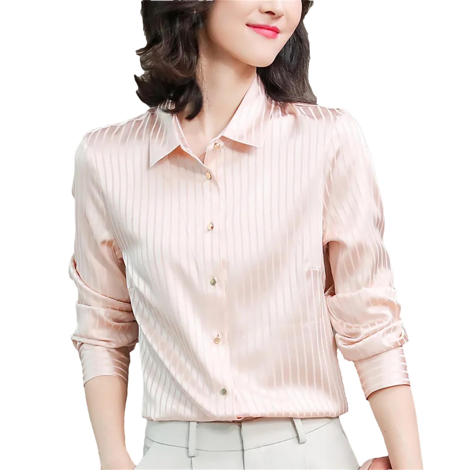 Blusa básica de satén de seda para mujer, cuello vuelto, manga larga, blusa a rayas