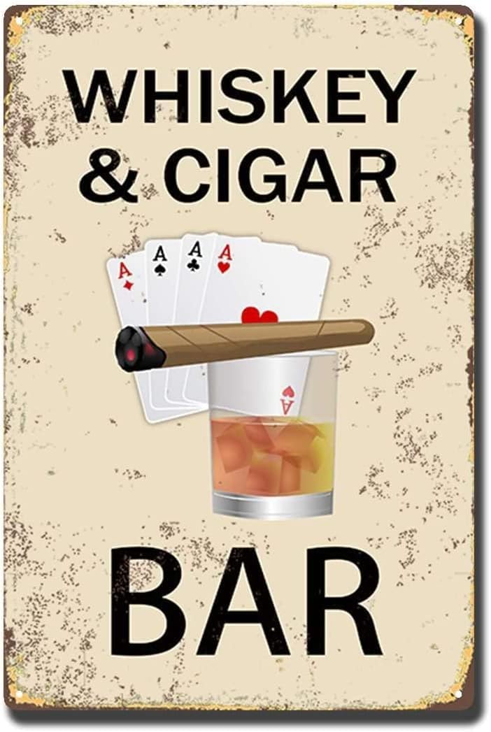 peiyeety Metal Tin Sign Whiskey and Cigar Bar Tin Sign Metal Poster Vintage Metal Signs for Bar Music Club Man Cave Room Wall Decor-8x12Inch