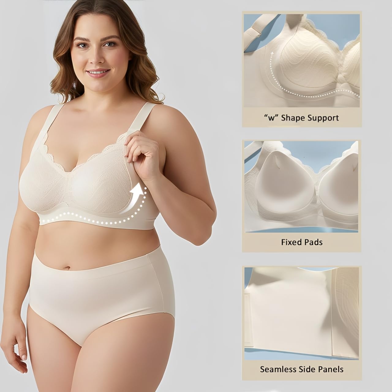 Reggiseno da donna liscio senza ferretto per donne Supporto completo senza ferretto imbottito scollo a V t-shirt confortevole reggiseno regolabile, Nude, M
