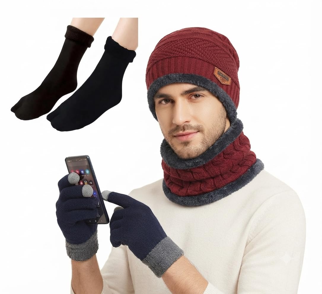 Winter Warm Combo Set – Thermal Beanie Cap, Neck Warmer, Touchscreen Gloves & Fleece Winter Socks for Men Soft Cold Weather Essentials-image-16