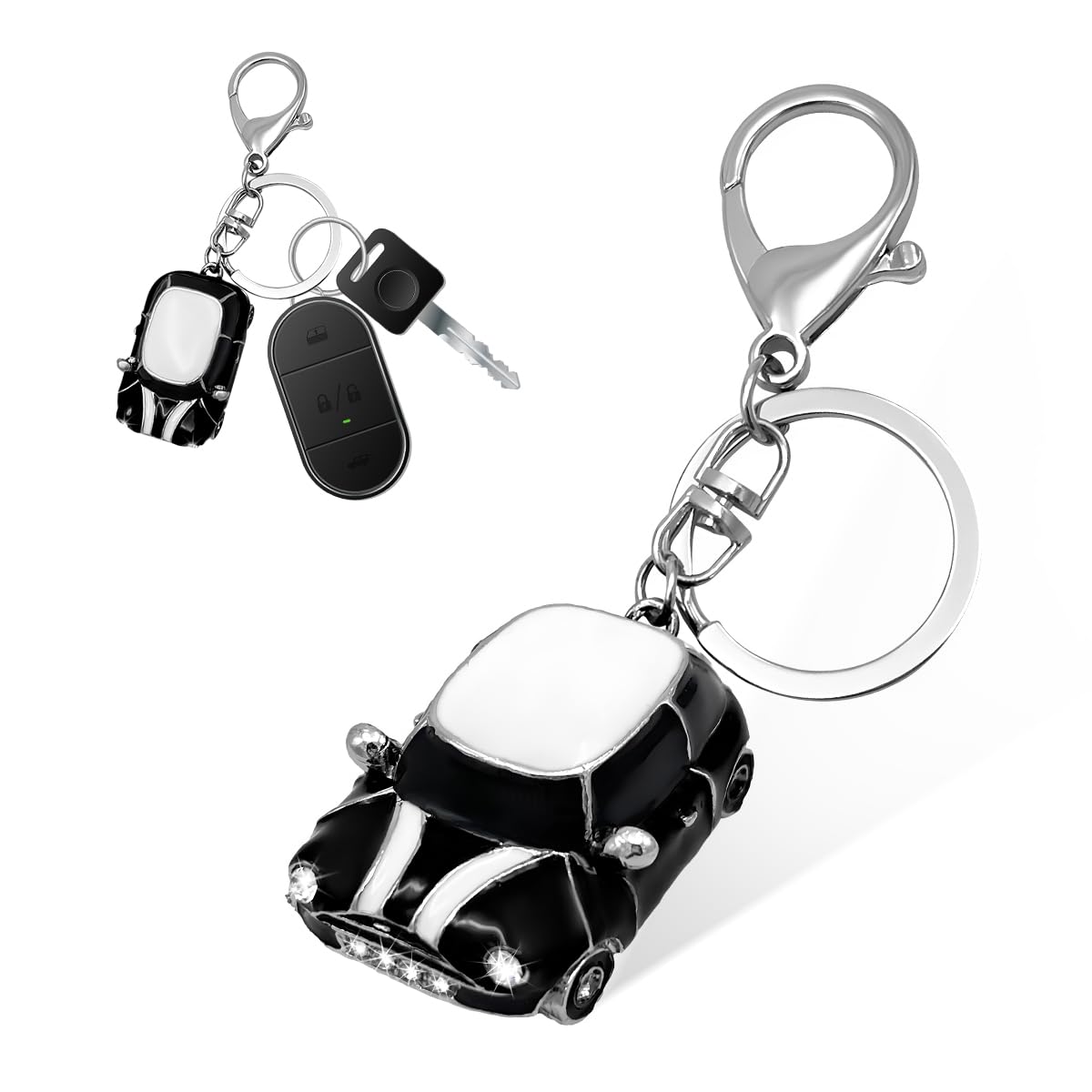 Car Model Rhinestone Keychain, 3D Metal Key Chain, Creative Key Chain Gift for Men Women, Car Accessories (White & Black)