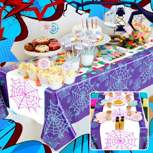Image of Oudain 3 Pack Spider Theme Birthday Decorations Halloween Purple Black Red Green Pink Web Bat Tablecloth Cartoon Table Cover Party Favor for Birthday(Web,Purple, Black, Red)