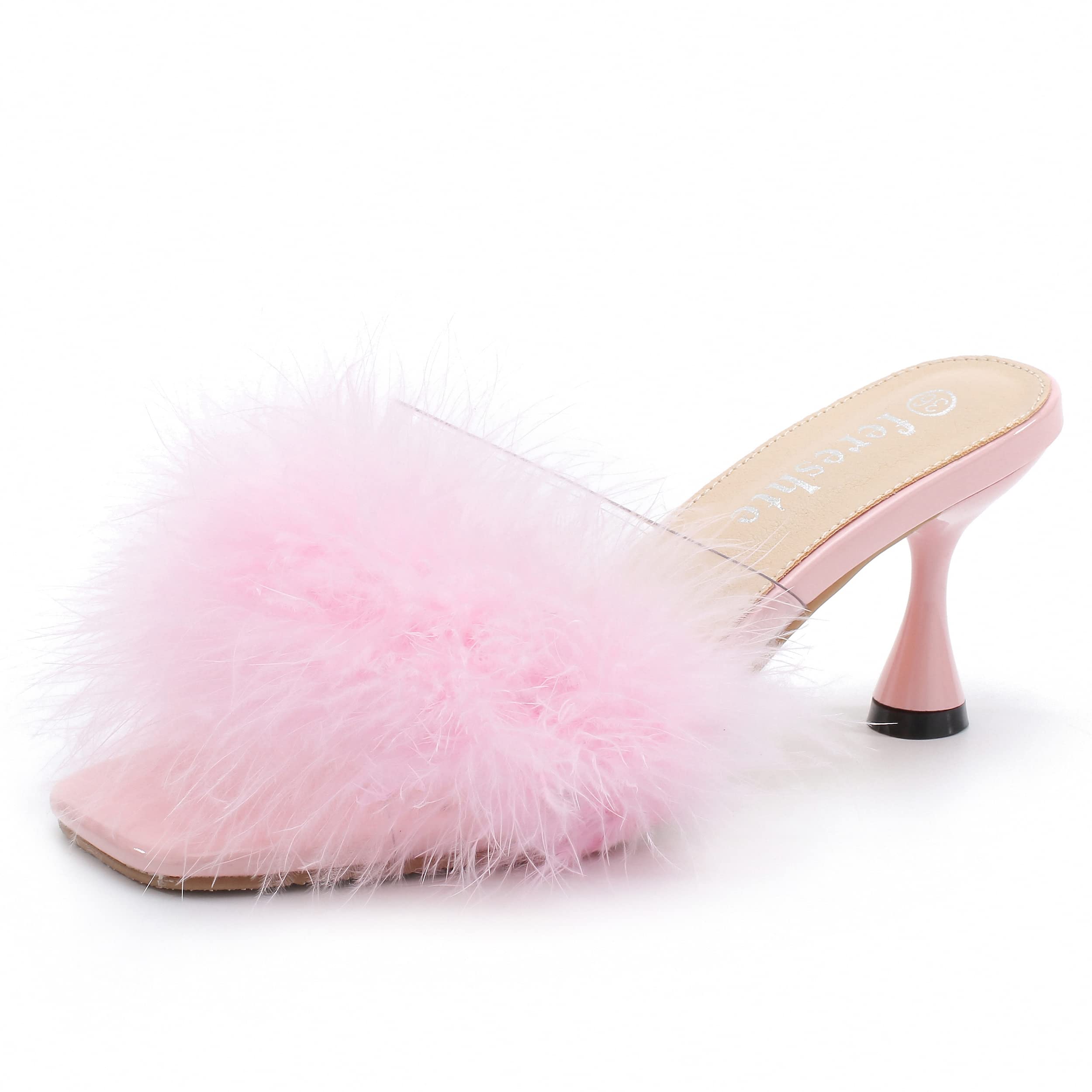 fereshte Women's Feather Mule Sandals, Kitten Heel, Square Open Toe, Slip On, Fluffy Fur Clear Strap