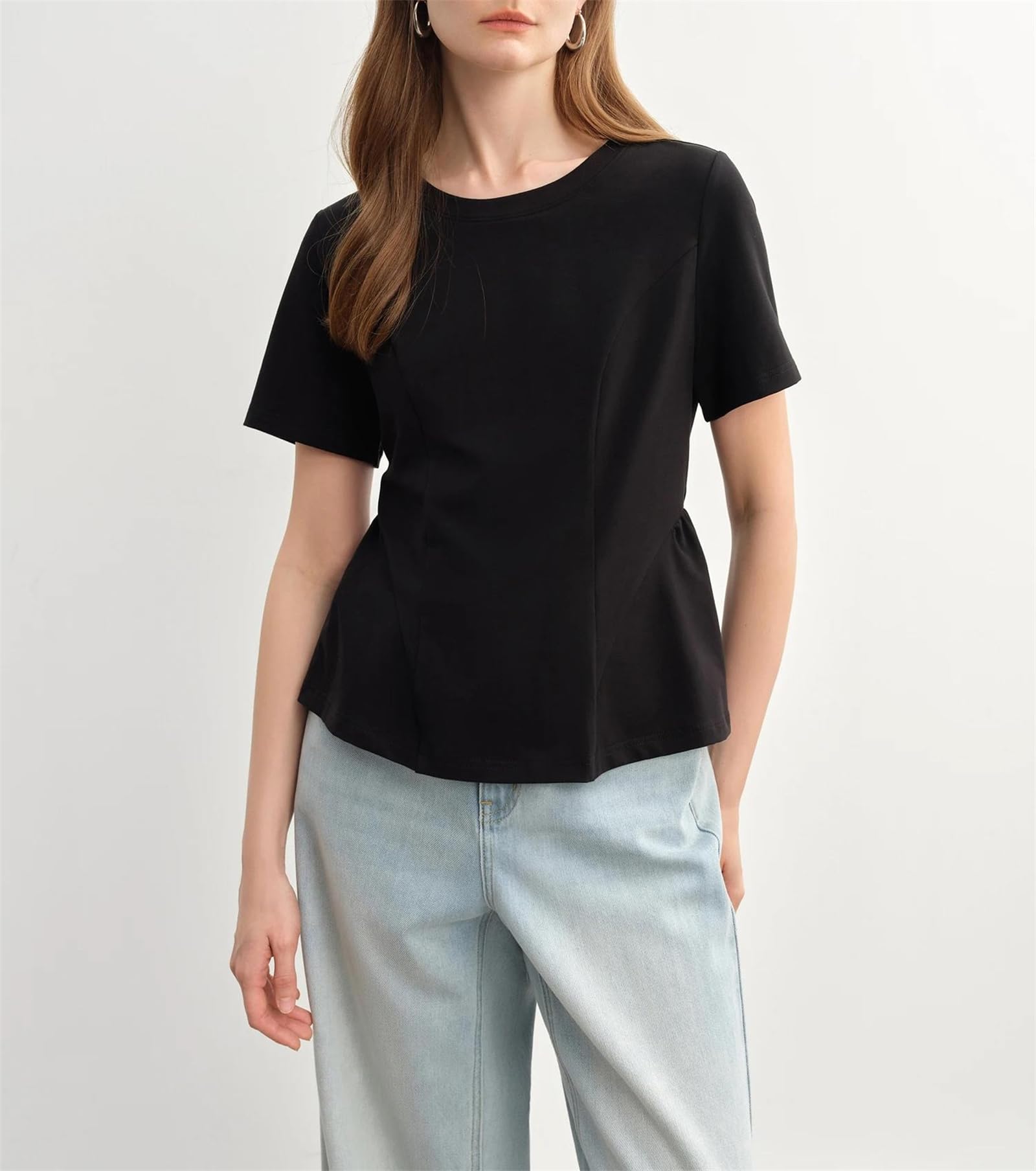 Tees da donna Solido O-Collo Manica Corta Pieghe Orlo Curvo Camicette di Cotone Casual Allentato Primavera Plus Size Top