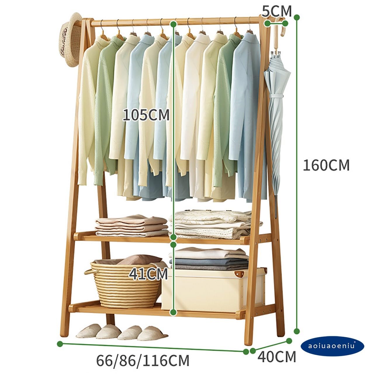 Garderobenständer/Kleiderständer Bambus mit Haken und 2 Ablagen | Kleiderstange, klappbar, 160 cm Hoch, Multifunktional Garderobe für Kleidung, Hut, 1 Min Montage : 66/86/116CM