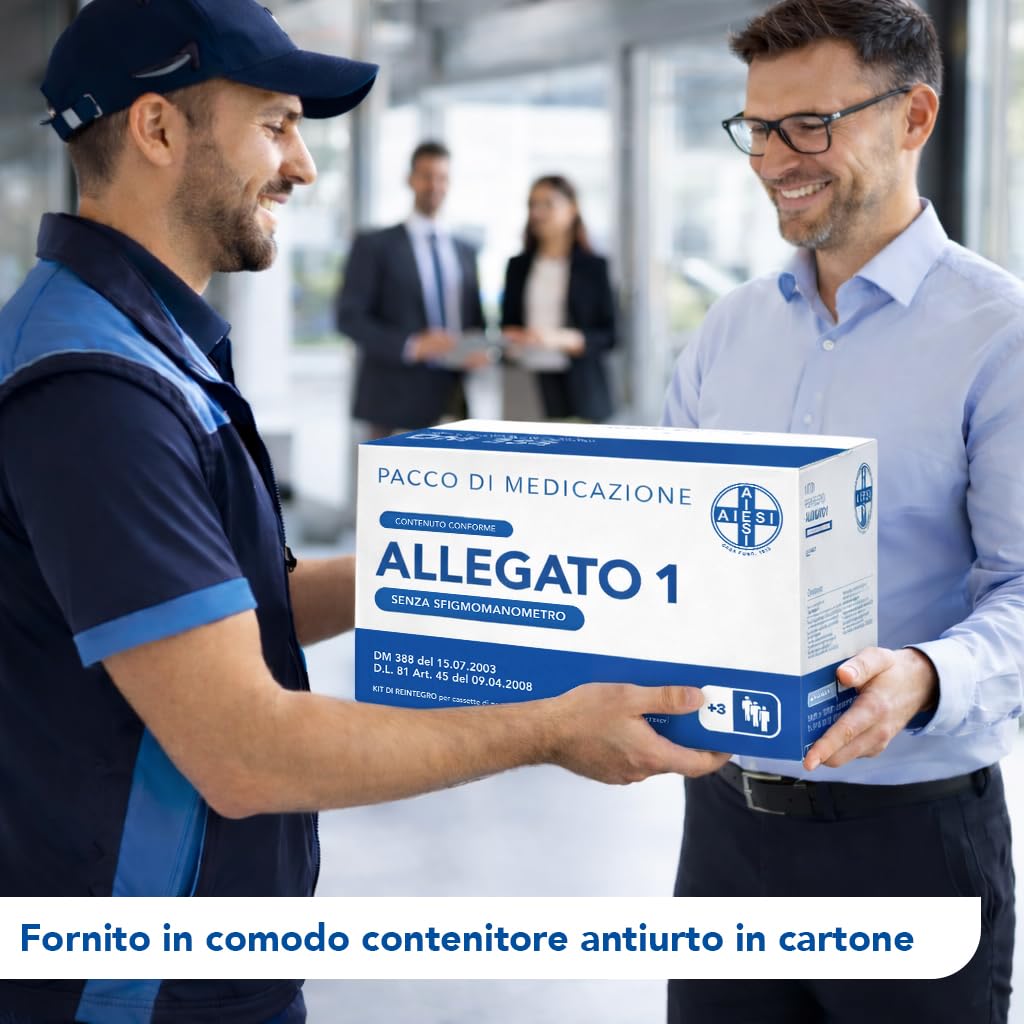 AIESI® kit di reintegro ALLEGATO 1 SENZA SFIGMOMANOMETRO pacco medicazione per cassetta di pronto soccorso aziende più 3 dipendenti, Conforme DM388/DL81, Made in Italy