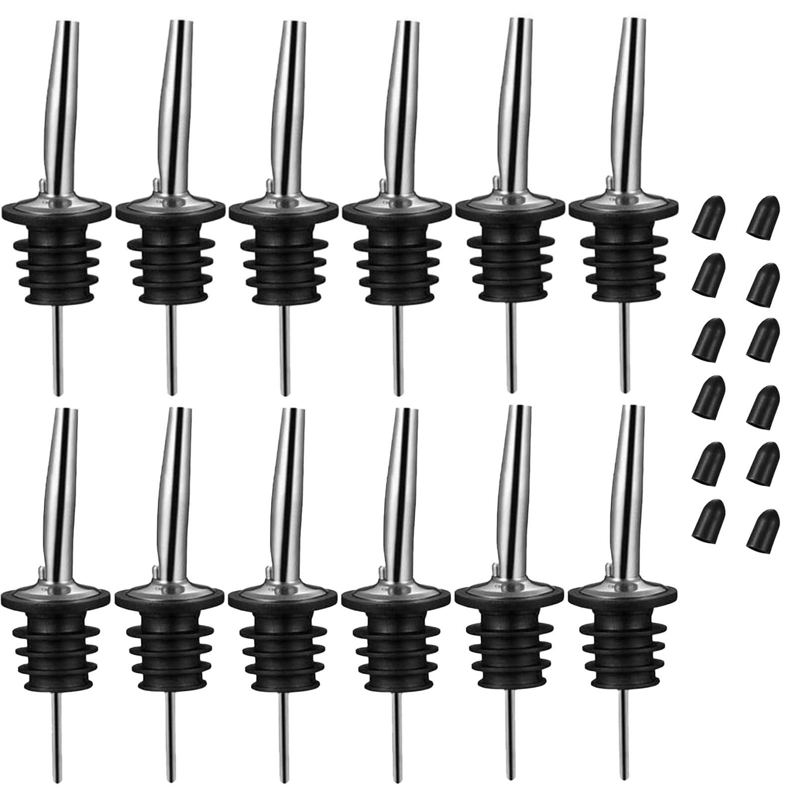 BALTRE Pack of 12 stainless steel pourers with cap, bottle pourer, pourer for spirits, olive oil, suitable for bottle openings of approx. 3/4 inch, stainless steel, bars, parties and coffee syrup