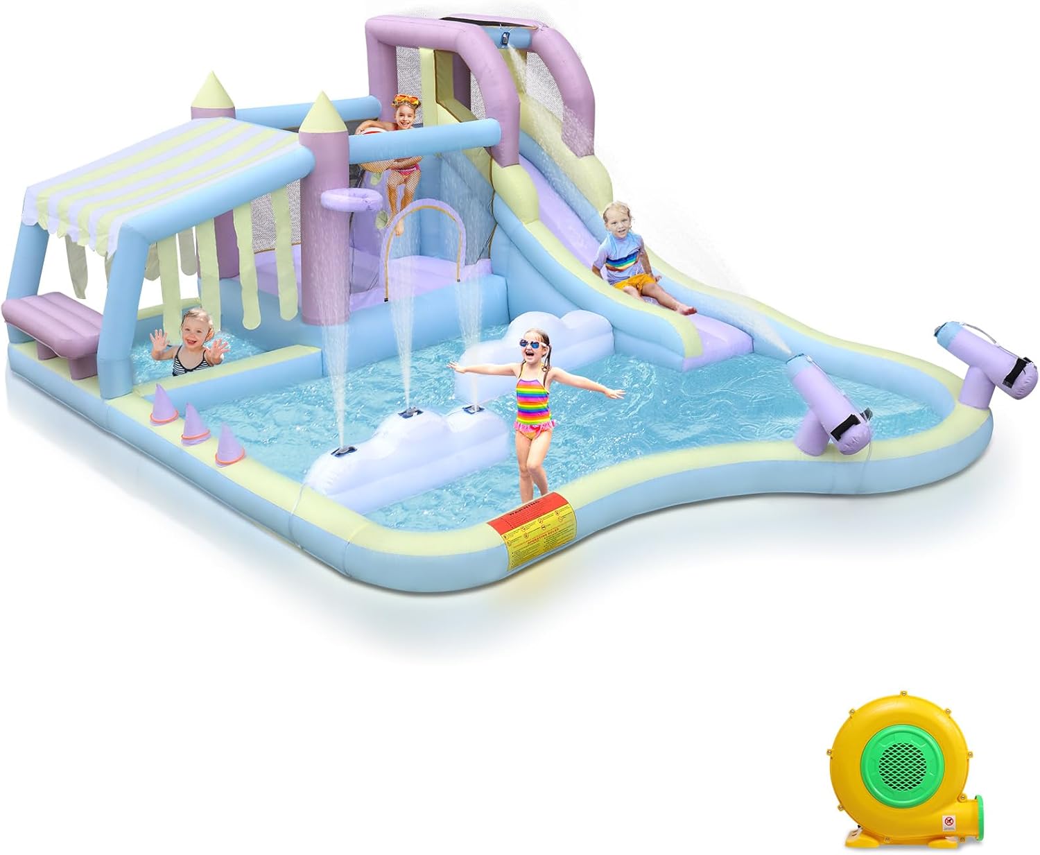 Ktaxon Inflatable Bounce House with 750W Air Blower, Outdoor Water Slide Park W/Cloud Spray Water, Jumping Area & Playhouse for Backyard, Ages 3-8 Years, Purple (17Ft x 14Ft x 8Ft)