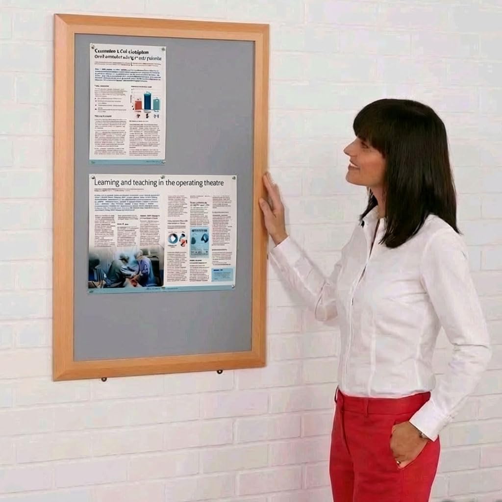 Metroplan Premier Grey Felt Noticeboard, 90 x 60 cm, Smart Beech Effect Contoured Wood Frame- Ideal for Modern Office, School Displays, Healthcare Notices