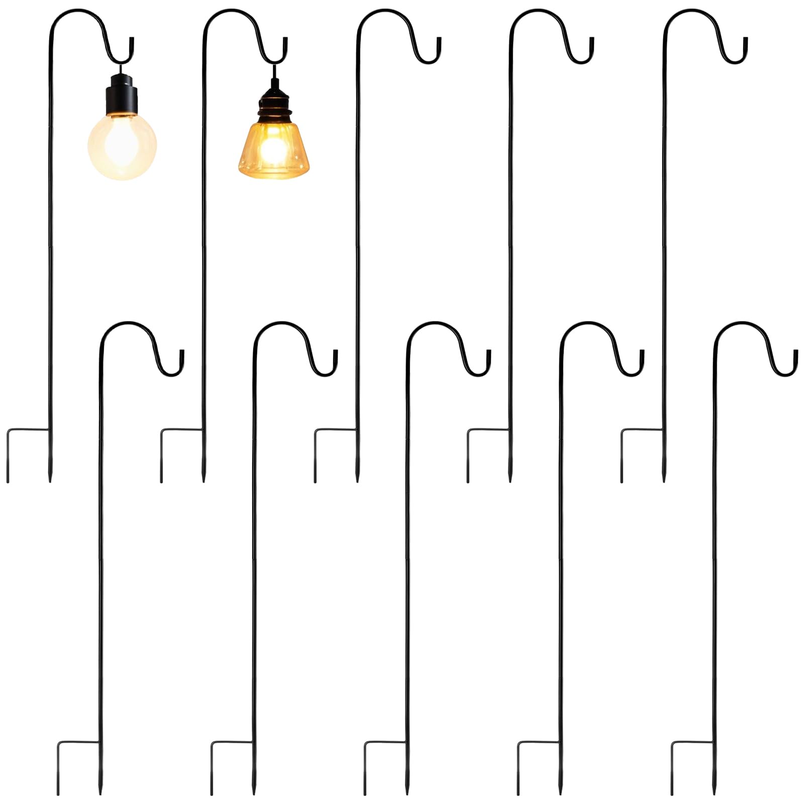 Lot de 10 crochets de berger à hauteur réglable avec base, 81,3 cm, crochet de bordure de jardin en métal noir pour lanternes, paniers de plantes, coutures à 4 sections