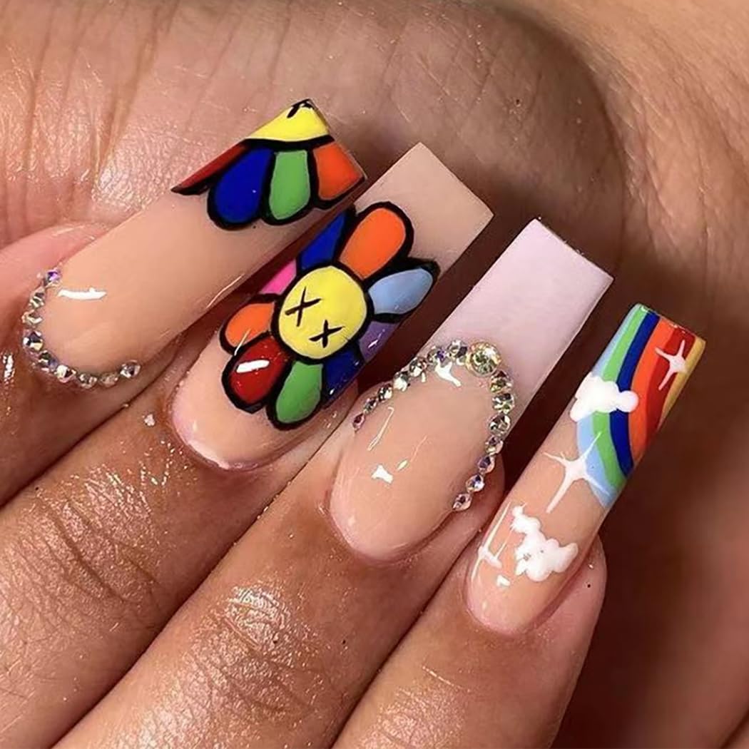 Brishow Coffin False Nails Sun Flower Rhinestone Press on Nails Long Fake Nails Rainbow Stick on Nails 24pcs for Women and Girls