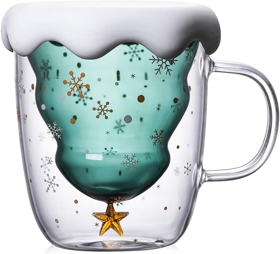 Double Wall Insulated Glass Mug Cute Mugs Christmas Coffee Mug Espresso Mug Tea Cup with Lid for Latte Cappuccino Milk
