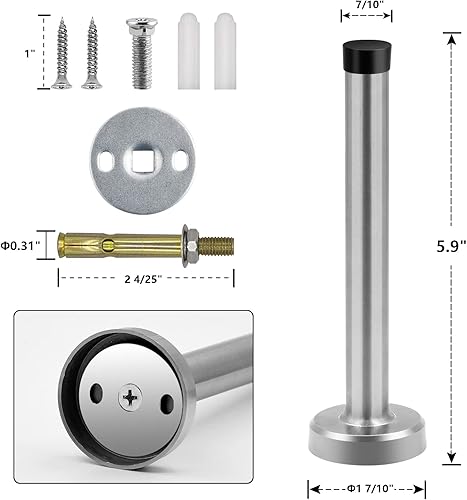 Miniatura 2 de Topes de puerta, tope de puerta de 6 pulgadas de largo, montaje en pared, resistente y rígido, de acero inoxidable cepillado con puntas de