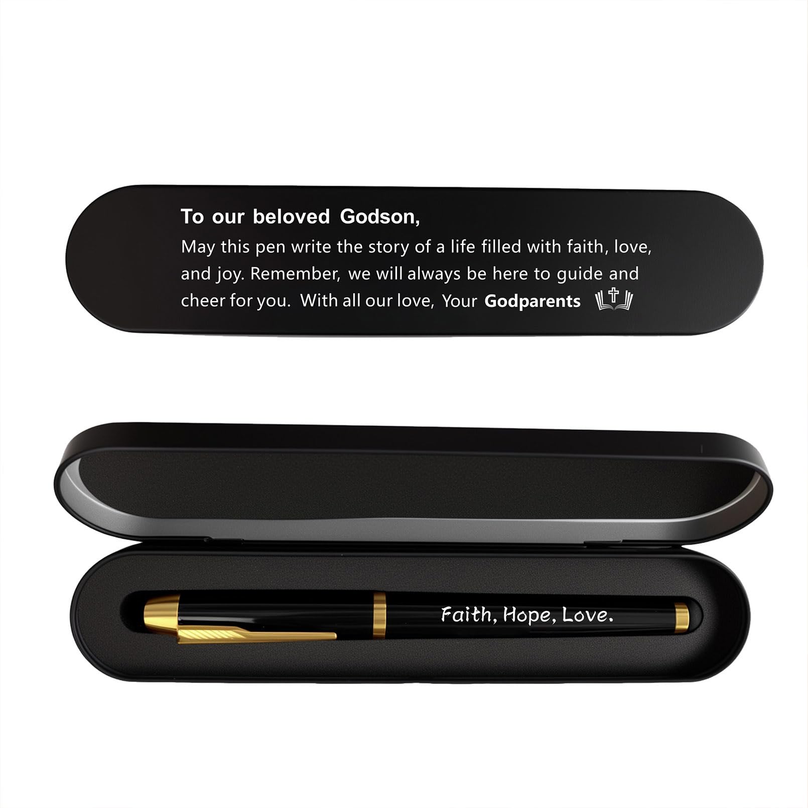 iyaone Godson Gift, Engraved Pen with Religious Blessing, Christmas Baptism Gift for Godson from Godparents,Black Gel Ink Pen