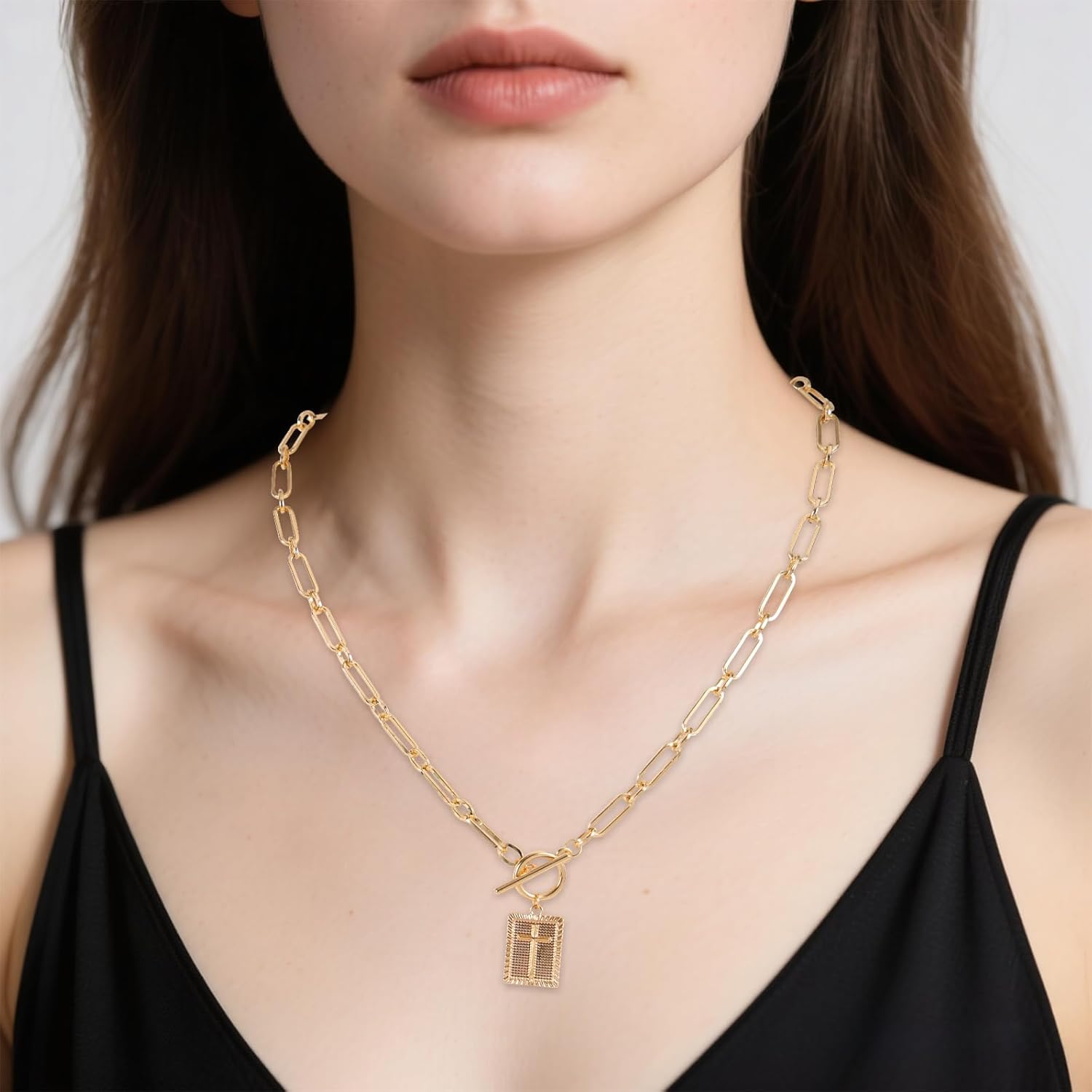 Chunky Cross Necklace for Women, Gold Square Paperclip Pendant Chain with Secure Toggle Clasp Elegant Religious Fashion Jewelry Gift - Image 7