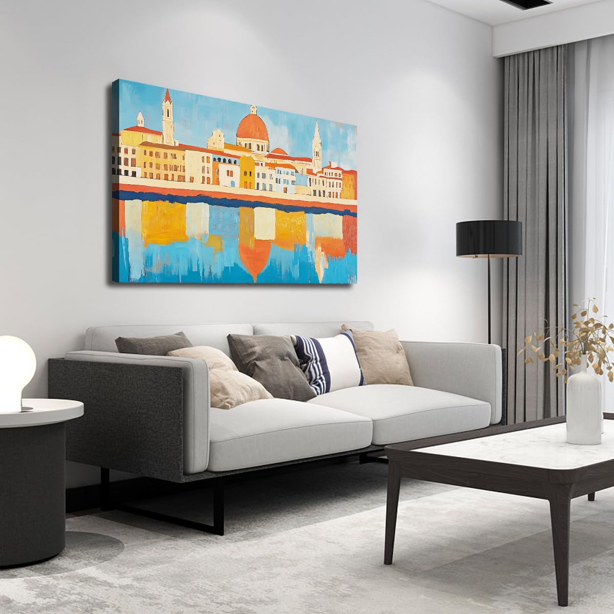 TOANGWALL Europejski Miasto Odbicie Woda Oprawione Dzieło Płótno Abstrakcyjne Retro Rzeka Budynki Obraz Galeria Owinięty Plakat Drukowany Do Jadalni Przedpokoju Dekoracja 30 x 45 cm