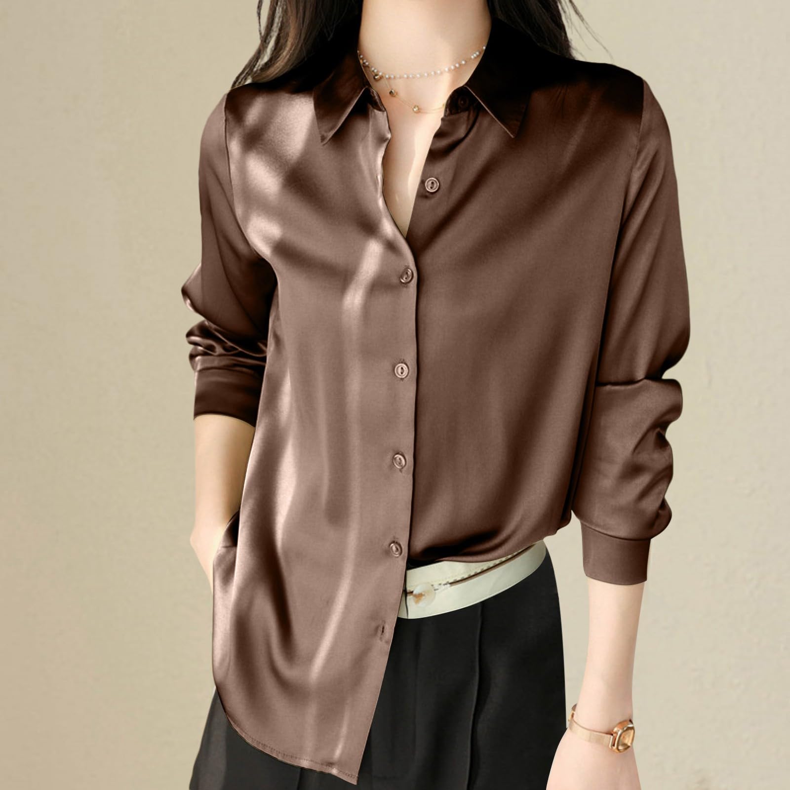 Generisch Chemise à manches longues pour femme - Chemisier pour femme - Chemise en satin de soie - Chemise boutonnée - Décontractée - Manches longues - Travail de bureau - Chemisier longue édition