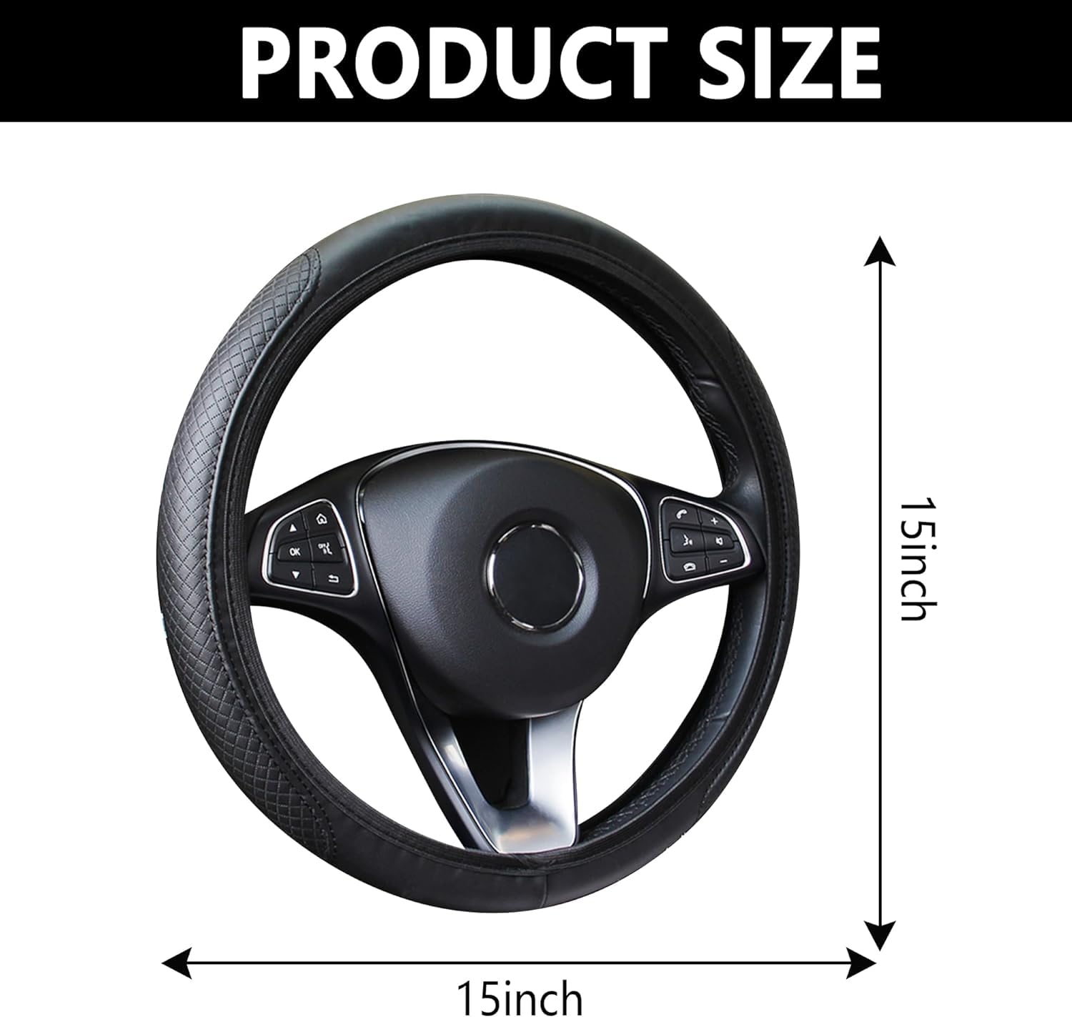 Coprivolante Auto Universale 15 Pollici – In Microfibra PU Elastico, Antiscivolo, Nero Con Motivo Quadri