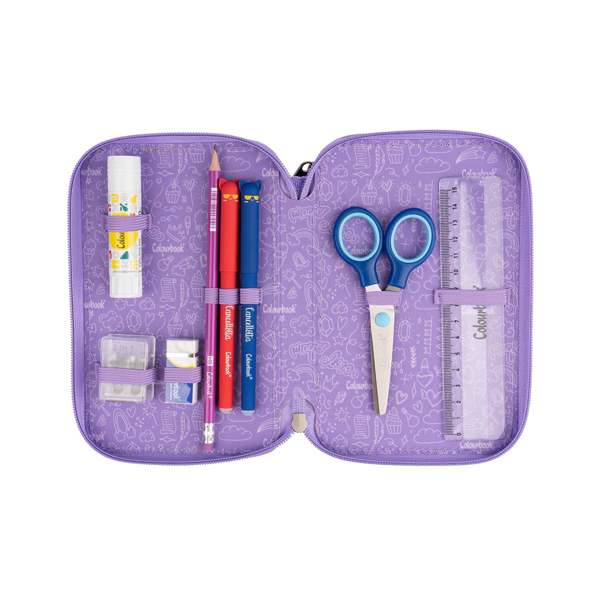 Colourbook Astuccio Scuola 3 Zip Glitterato Completo 44 Pezzi (Lilla)