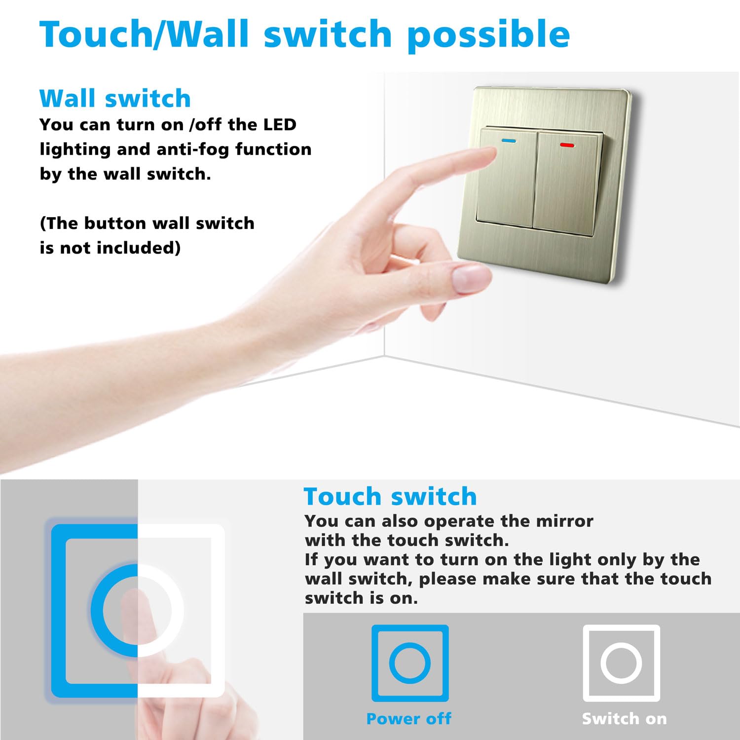 OCEAN ITALY Specchio Da Bagno LED Rettangolare 100×60cm,Controllo Touch/Parete,Luce Esterna 3 Temperature Colore, Dimmerabile e Antiappannamento,Orologio Digitale,Lente D'ingrandimento