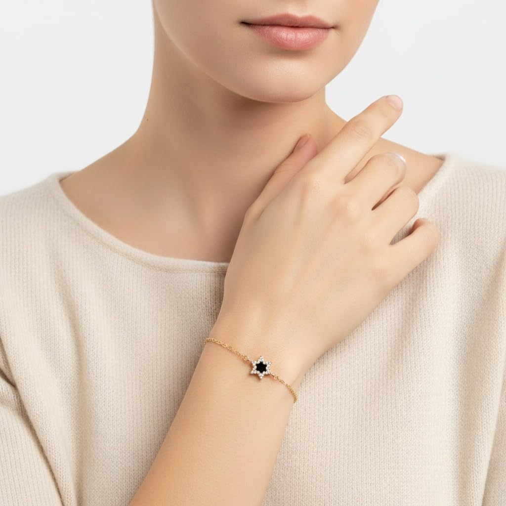 14K Gold Plated Star Of David Women Bracelet Onyx Style Stone – Jewish Symbol Pendant from Israel – Elegant Hebrew With Cubic Zirconia Dainty Religious Jewish Jewelry Gift - Image 2