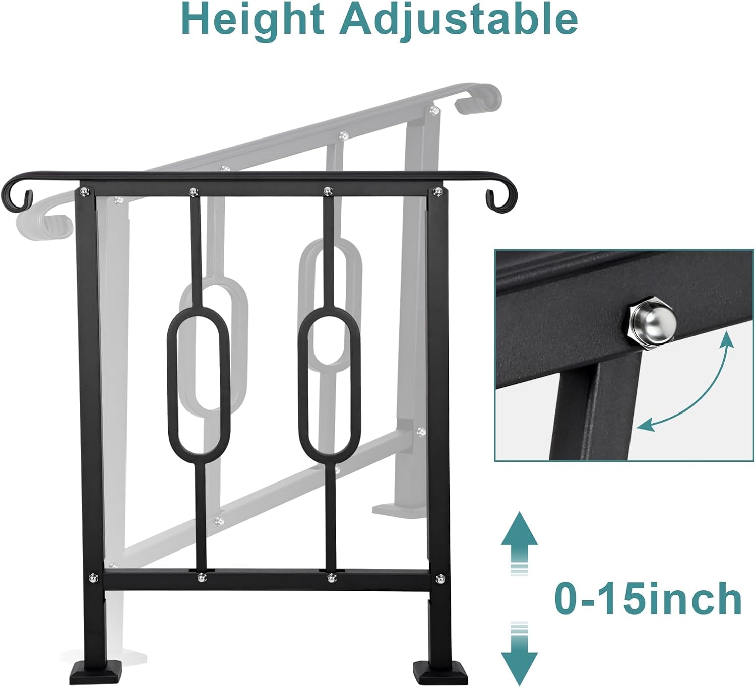 Handrails for Outdoor Steps, Fit 2 or 3 Steps Outdoor Stair Railing, Black Wrought Iron Handrail Handrails for Concrete Steps or Wooden Stairs (2-3 Step Elliptical)
