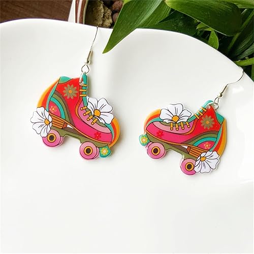 Miniatura 6 de Aretes retro de neón de los años 60, 70 y 80 para mujer, divertidos zapatos de patinaje creativos, aretes de bola de discoteca, aretes colgantes de