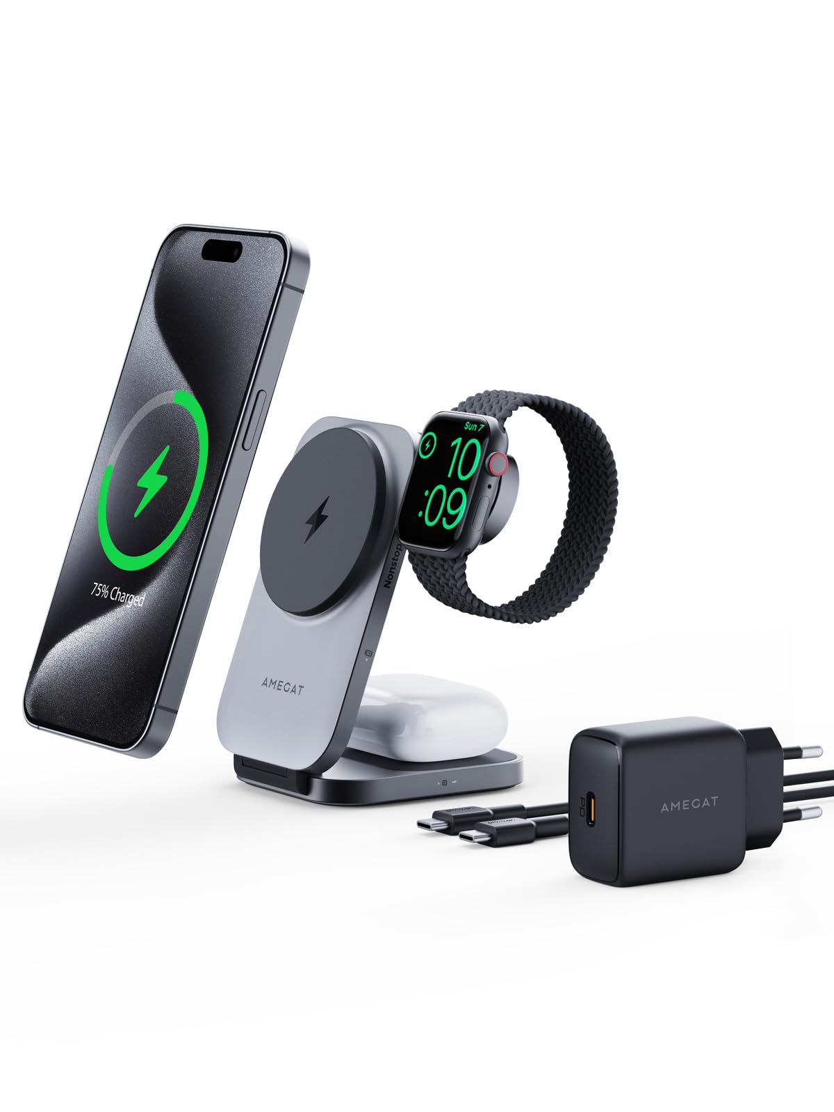 Station de Charge 3 en 1 Qi2, Chargeur Induction 15W Compatible avec Magsafe, Chargeur Pliable sans Fil pour Apple Watch, iPhone 17/Air/16/15/14/13/12, Pixel 10 Series, AirPods, Gris