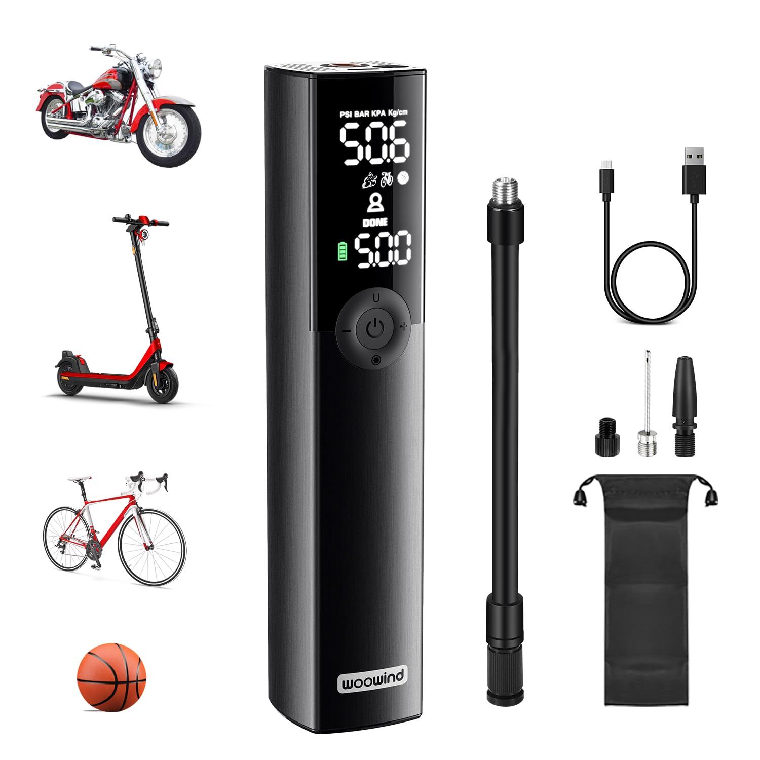 Woowind Tire Inflator Bike Pump, Air Pump for Car, Bike, Scooter Tires, Rechargeable Air Compressor Pump with Schrader, Presta, Dunlop Valve Adapters (Bp188 Red) (Black)