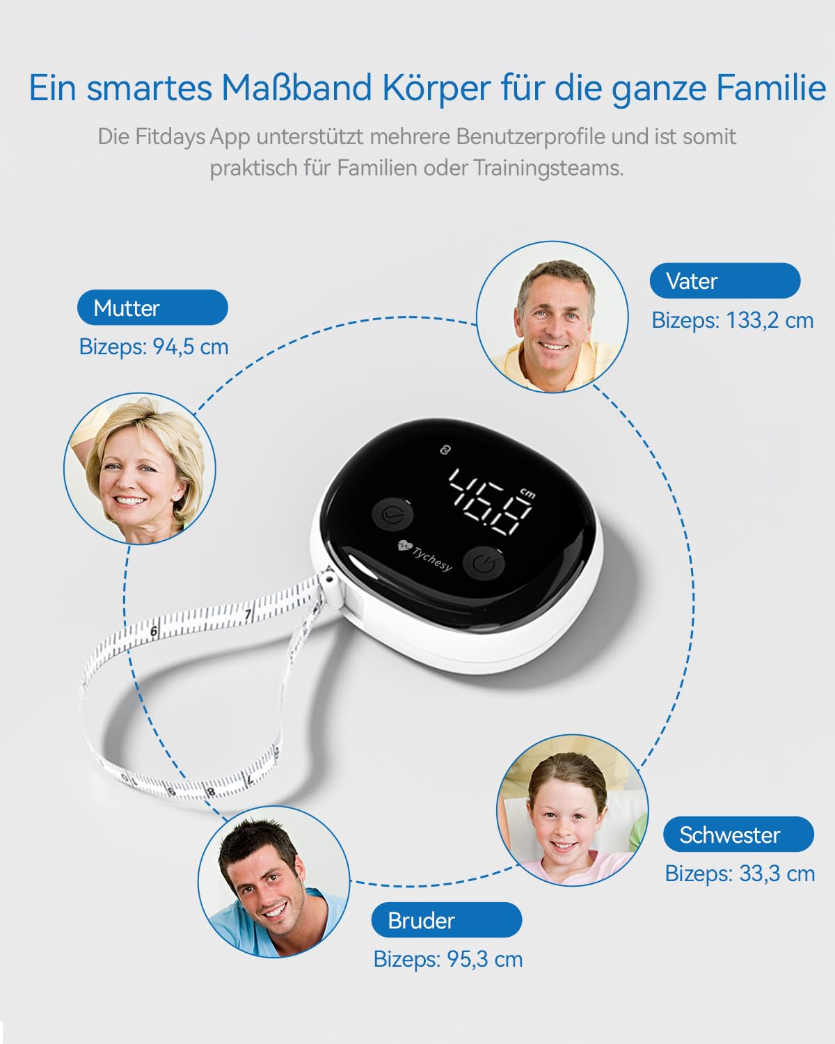 Smart Körpermaßband, Bluetooth Digitales Maßband Körper mit App für Messen der Körperumfänge von Bizeps, Brust, Hüfte, Waden, Oberschenkel und Hals, Körpermassband mit LED-Klardisplay, 150CM