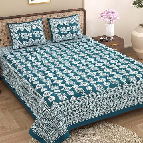 Image of Opulent Collection Double Bedsheet with 2 Pillow Cover | 100% Cotton Bedsheets for Double Bed | Handloom Bedsheet | Size 86x90 inches | King Size (90X102 Inches) (Blue Jay, King)